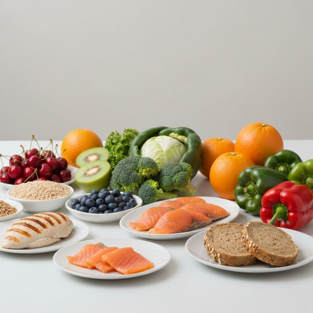 Various food types arranged on a table